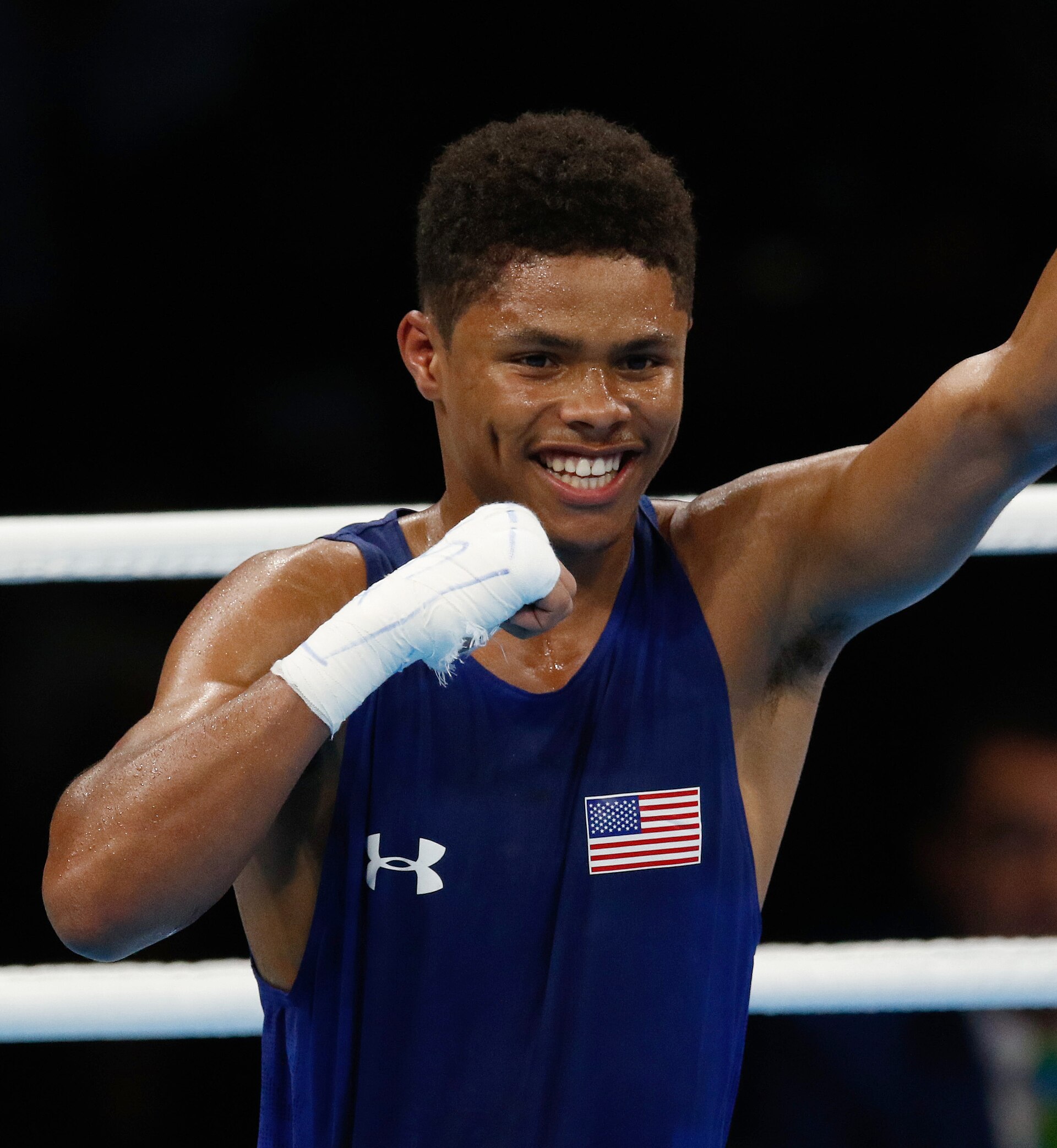 Shakur Stevenson celebra en el ring durante los Juegos Olímpicos de Río 2016